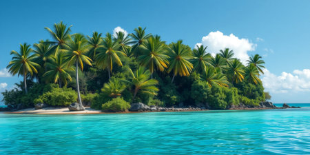 Experience the serene beauty of a tropical island oasis with vibrant palm trees and crystal clear waters, perfect for relaxation and escape.の素材