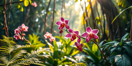 This captivating image features vibrant pink orchids blooming amidst a lush green jungle, with soft sunlight filtering through the trees, creating a tranquil atmosphere.の素材