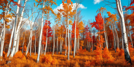 A stunning autumn scene featuring tall trees adorned with vibrant orange and red leaves, set against a clear blue sky, showcasing nature's beauty.の素材
