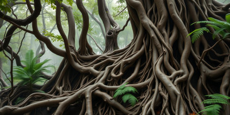 Explore the enchanting beauty of ancient tree roots intertwined in a misty forest, surrounded by lush greenery that captures nature's tranquility.の素材