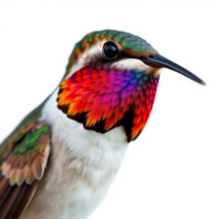 A close-up view of a beautiful hummingbird showcasing its stunning and vibrant feathers, emphasizing its colorful plumage against a clean background.の素材