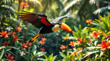 A stunning toucan soars gracefully through a vibrant tropical landscape filled with lush greenery and bright flowers, showcasing nature's beauty.の素材