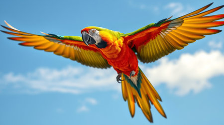 A stunning parrot takes to the air, showcasing its vibrant plumage and graceful wings against a backdrop of clear blue sky. A symbol of freedom.の素材