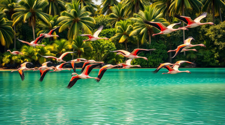 A breathtaking view of a flock of flamingos gracefully flying over a tranquil tropical lagoon, bordered by lush palm trees and sparkling water.の素材