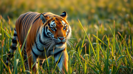 A magnificent tiger strides gracefully through a grassy field at sunset, its iconic orange and black stripes contrasting beautifully with the lush surroundings.の素材