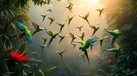 A breathtaking scene captures a flock of colorful parrots soaring through a lush rainforest, surrounded by vibrant flora and soft sunlight.の素材