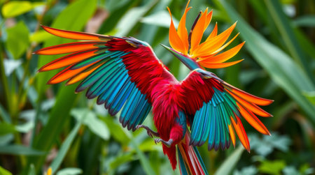 A stunning bird showcases vibrant feathers while flying near a bright yellow flower in a lush, tropical environment. The vivid colors create a breathtaking scene.の素材