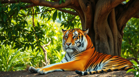 A stunning portrait of a tiger resting peacefully under a dense tree, showcasing its beautiful fur patterns and vibrant natural surroundings.の素材