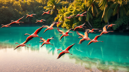 A stunning scene of a flock of flamingos flying gracefully over a turquoise lagoon, framed by lush tropical greenery, embodying nature's vibrancy.の素材