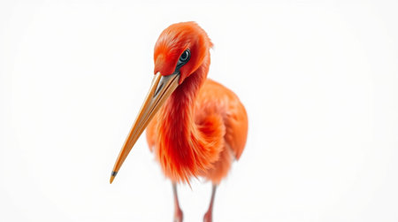 This stunning image captures a vibrant orange bird with striking feathers and a long, elegant beak, set against a clean white backdrop.の素材