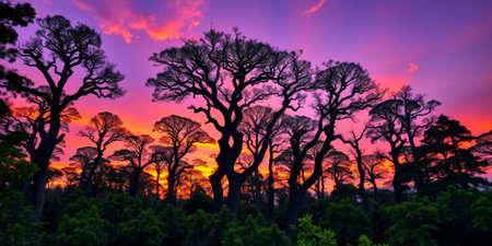 Experience the breathtaking beauty of silhouetted trees against a vibrant sunset sky, showcasing a stunning blend of purple and orange hues.の素材