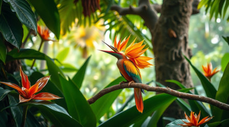 A stunning tropical bird perched gracefully on a branch, surrounded by vibrant flowers and lush greenery, creating a serene rainforest scene.の素材