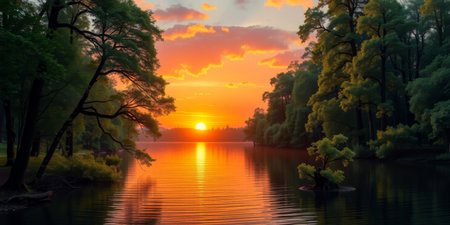 Witness the breathtaking beauty of a sunset over a calm lake, framed by lush trees, creating a picture-perfect serene atmosphere.の素材