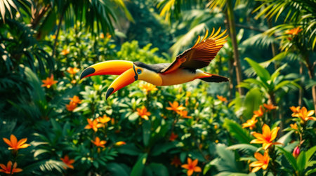 A stunning toucan glides gracefully through a vivid tropical jungle, surrounded by lush greenery and colorful flowers, showcasing nature's beauty.の素材