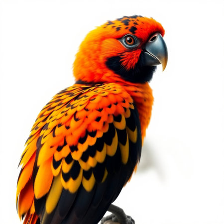 This striking portrait captures a vibrantly colored orange bird with unique black spots, showcasing its detailed plumage against a minimal background.の素材