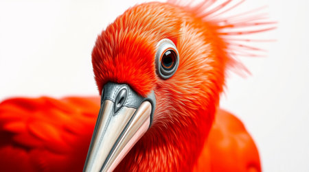 This stunning close-up portrays a scarlet ibis with bold orange feathers and captivating facial features, showcasing its natural beauty and elegance.の素材