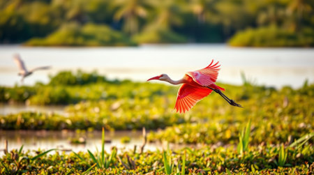 A stunning pink bird soars gracefully over a tranquil wetland at sunrise, surrounded by lush greenery and soft, illuminated reflections on the water.の素材