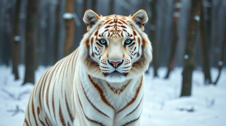 A captivating portrait of a white tiger in a snowy forest, showcasing its stunning fur and piercing blue eyes amid the serene winter landscape.の素材