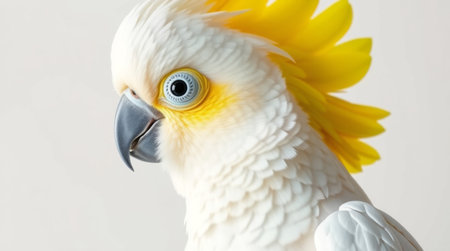 This stunning portrait showcases a vibrant white parrot with a remarkable yellow crest and captivating blue eye, perfect for nature lovers.の素材