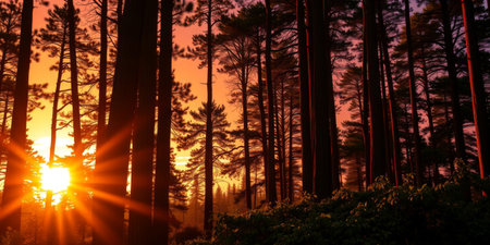 A stunning sunset shimmering through tall pine trees creates a tranquil forest scene. The warm golden and orange hues illuminate the landscape, evoking peace.の素材