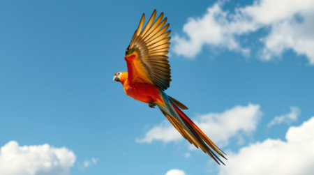 A stunning scarlet macaw soars gracefully through a bright blue sky dotted with fluffy white clouds, showcasing its vibrant feathers.の素材