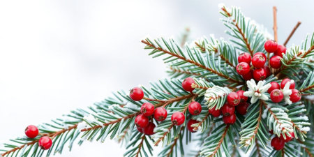 A striking close-up of a winter evergreen branch adorned with vibrant red berries and delicate frost, creating a serene and festive atmosphere.の素材