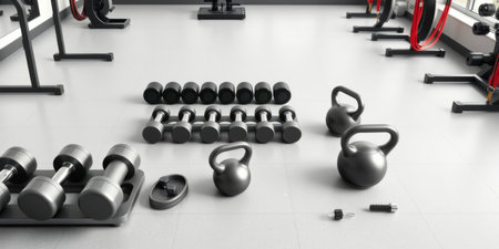 A modern gym interior with a variety of black dumbbells and kettlebells arranged neatly. Perfect for fitness enthusiasts and trainers.の素材