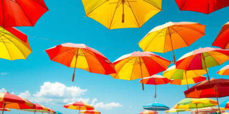 A stunning display of colorful umbrellas suspended in the bright blue sky, creating a festive and cheerful atmosphere perfect for summer enjoyment.の素材