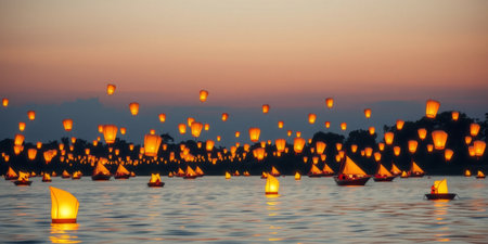 A captivating scene featuring glowing lanterns floating on calm water just after sunset, creating a serene atmosphere perfect for celebrations.の素材