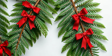Green fern leaves adorned with bright red bows create a stunning and cheerful decoration, perfect for holiday celebrations or festive gatherings.の素材