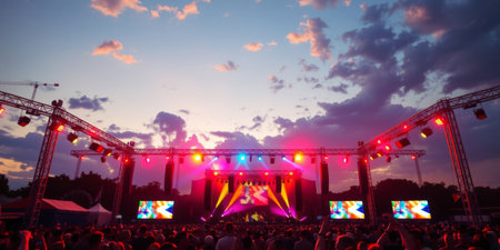 A lively outdoor concert captures a vibrant crowd under a beautiful sunset, showcasing colorful lights illuminating the stage and atmosphere.の素材
