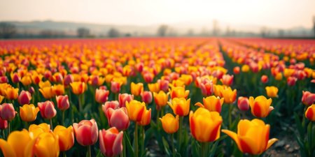 A breathtaking view of a vibrant tulip field showcasing colorful blooms under the soft morning light. This picturesque landscape captures the beauty of spring.の素材