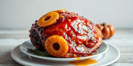 A beautifully glazed ham topped with pineapple slices creates a stunning centerpiece for holiday meals or festive gatherings.の素材