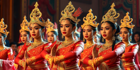 A stunning display of culture as elegant dancers in vibrant costumes perform gracefully, captivating the audience with their artistry and tradition.の素材