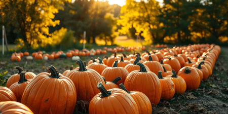 A stunning view of a pumpkin field at sunset, showcasing rows of bright orange pumpkins ready for harvest, surrounded by beautiful autumn foliage.の素材