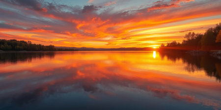 Experience the serene beauty of a stunning sunset over a calm lake, as vibrant clouds reflect warm colors across tranquil waters.の素材