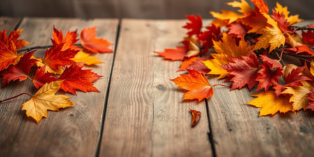 A rich display of colorful autumn leaves in vibrant shades of red, orange, and yellow scattered on a rustic wooden table, evoking warmth and seasonal charm.の素材