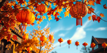 A beautiful scene showcasing vibrant orange lanterns swaying gently among colorful autumn leaves, creating a perfect festive atmosphere.の素材