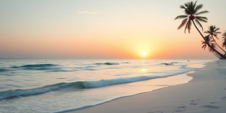 A tranquil beach scene showcasing a stunning sunset with gentle waves lapping against the shore, framed by palm trees. The sky features warm pastel hues, creating a serene and picturesque atmosphere ideal for relaxation and escape.の素材