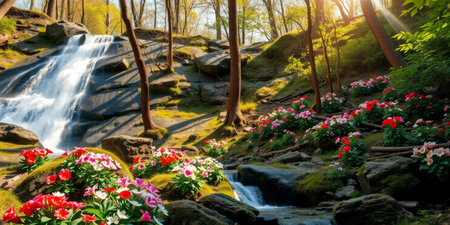 A tranquil scene captures a cascading waterfall flowing through a vibrant forest filled with colorful blossoms under warm morning sunlight.の素材