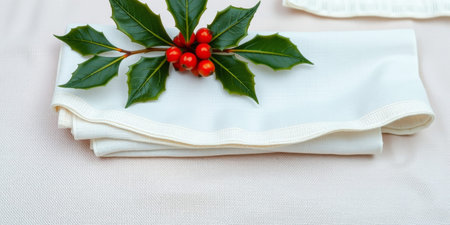 A beautiful holiday table setting featuring a soft white napkin topped with holly leaves and vibrant red berries, creating a festive ambiance.の素材