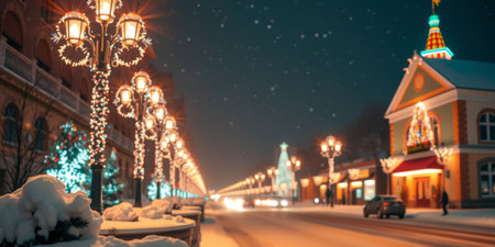 Enchanting winter street scene featuring festive lanterns and snowy decorations, capturing the charm and joy of the holiday season at night.の素材
