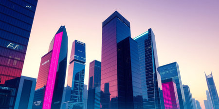 A breathtaking view of a modern urban landscape showcasing sleek skyscrapers illuminated by vibrant city lights during dusk. The aesthetic reflects contemporary architecture and urban energy.の素材