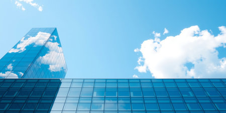Breathtaking view of a modern glass building capturing reflections of fluffy clouds against a vibrant blue sky, showcasing urban architecture.の素材