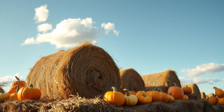 Vibrant pumpkins sit atop hay bales against a blue sky dotted with clouds, showcasing the essence of autumn and harvest season.の素材
