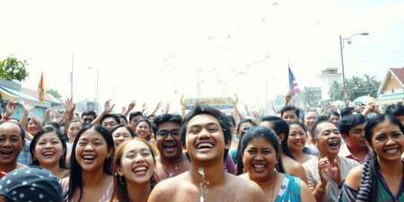A vibrant crowd celebrates a cultural festival, united in joy and laughter, showcasing diverse expressions and colorful attire in an outdoor event.の素材