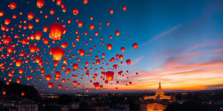 A stunning view of colorful sky lanterns illuminating the dusk sky over a scenic landscape, creating a magical atmosphere during a vibrant festival.の素材