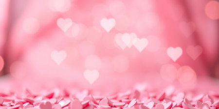 This enchanting image features pink heart-shaped confetti scattered across a soft pink background. The dreamy bokeh creates a romantic atmosphere, ideal for celebrations.の素材