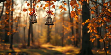 A serene autumn scene featuring decorative bells hanging from a branch, surrounded by vibrant orange leaves as gentle sunlight illuminates the forest.の素材