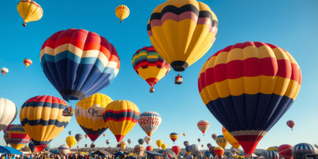 Experience the joy of vibrant hot air balloons filling the clear blue sky during a lively festival, creating a spectacular display over the landscape.の素材